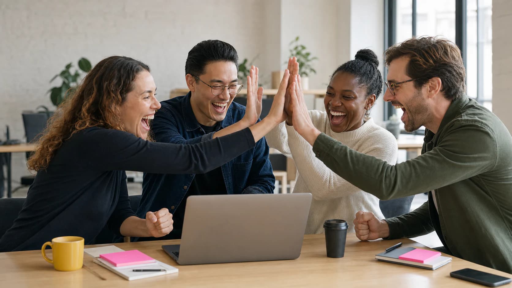 Happy team collaborating around a laptop