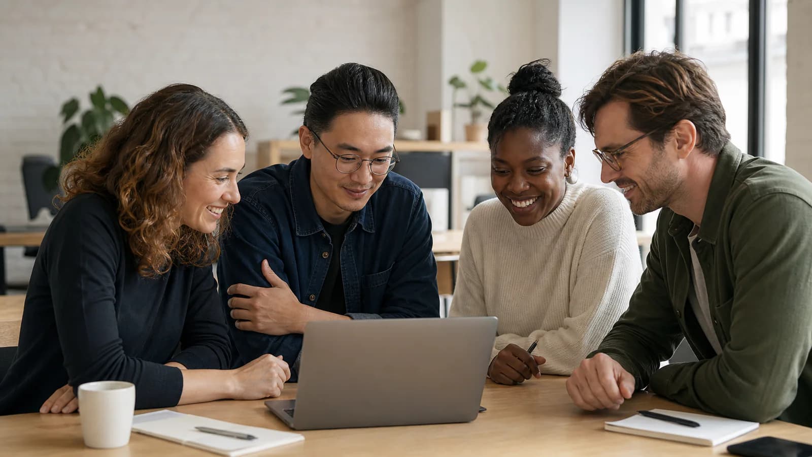 Four teammates collaborating naturally around a laptop